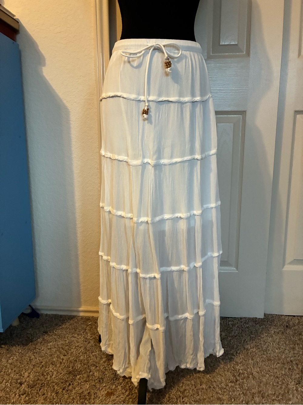 Three Bird Nest White Tiered Maxi Skirt with Bead-Tie Waist